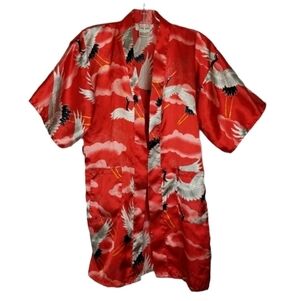 Vintage Kimono Robe Jacket Asian Bird Print Shiny Red White Clouds Missing Belt